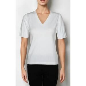 NEW METRIC KNITS gloria puff sleeve v neck pullover top in white